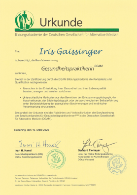 Issi Gai&szlig;inger, Zertifikat zur Gesundheitspraktikerin DGAM